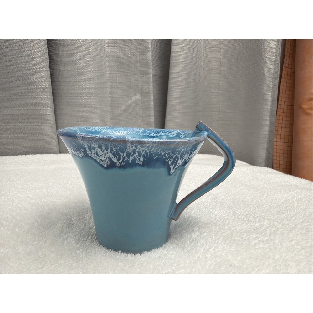Glentzakis Ceramic Blue Drip Coffee Mug stamped bottom Greece Wavy Handle 3.5"